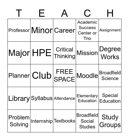 Education Bingo Activity Bingo Card