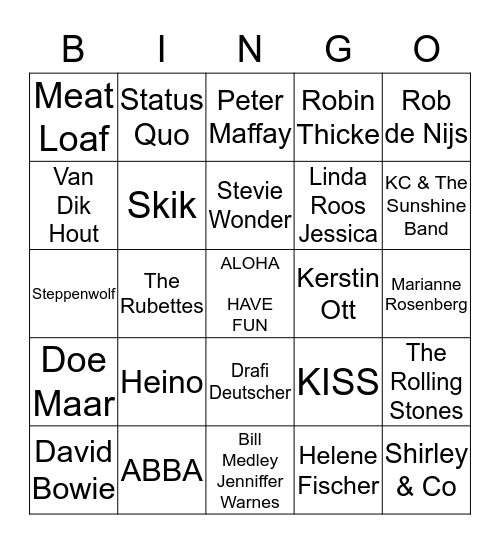 Aloha Music Bingo Card