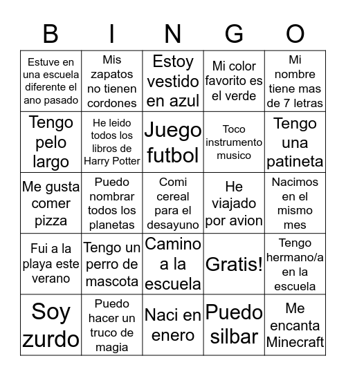 BINGO DE LA NUEVA CLASE Bingo Card