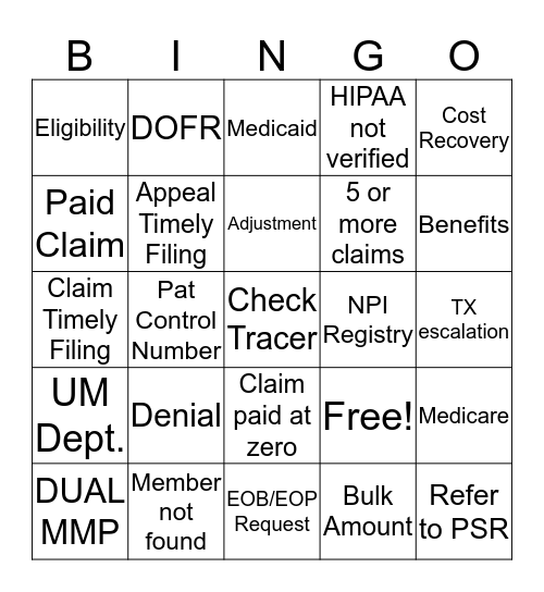 Molina Claims Bingo  Bingo Card