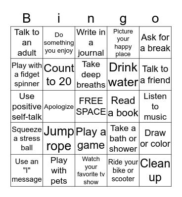 Ways to calm down Bingo Card