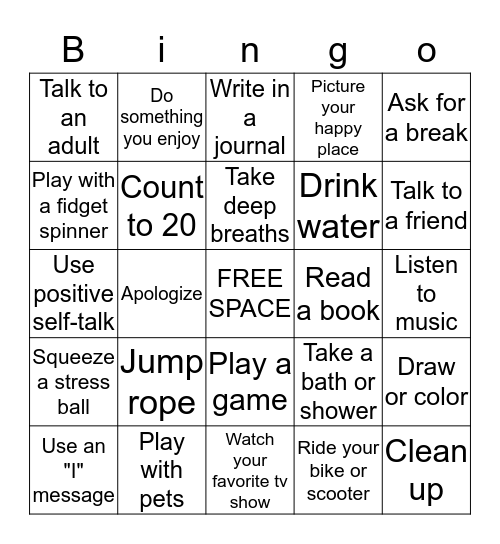 Ways to calm down Bingo Card