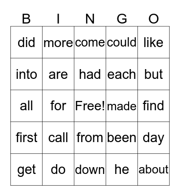 Lists A and B Bingo Card