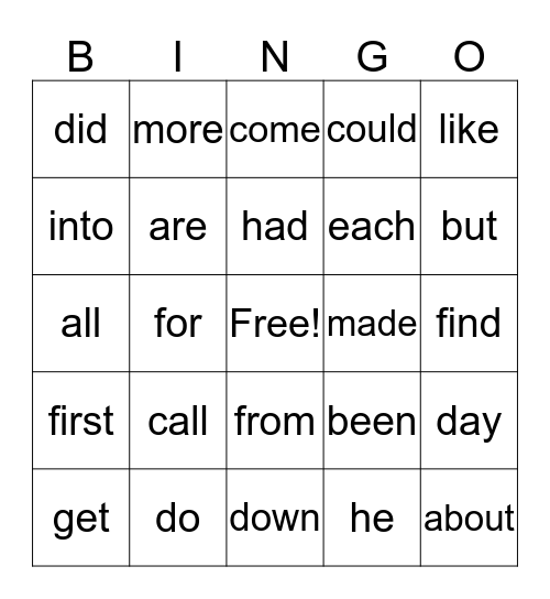 Lists A and B Bingo Card