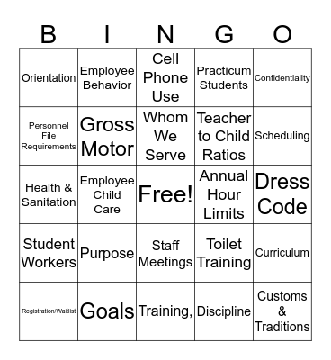 Children's Center Policies and Procedures Bingo Card