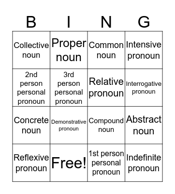 Nouns & Pronouns Review Bingo Card