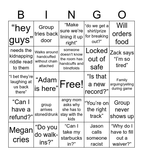 Kidnapping Bingo Card