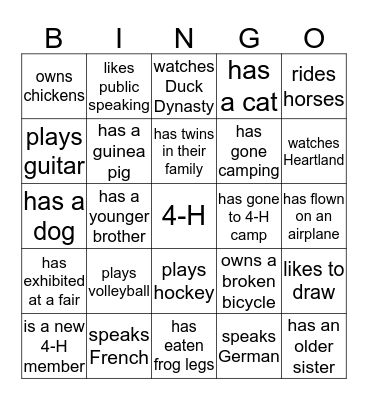 Nashwaak Valley 4-Hers Bingo Card