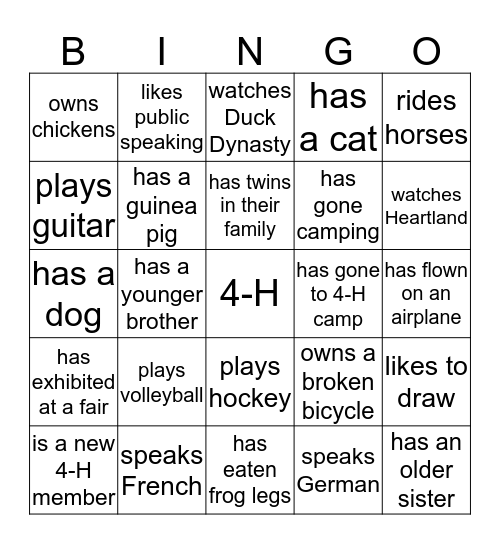 Nashwaak Valley 4-Hers Bingo Card