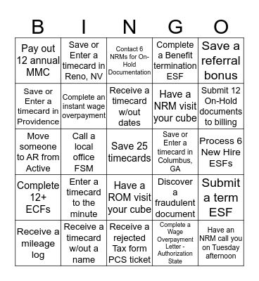 Travel FSG Bingo - Payroll Bingo Card