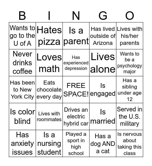 INTRO PSYCH BINGO: Find someone who... Bingo Card