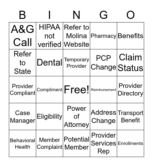 Molina Member Services Bingo Card