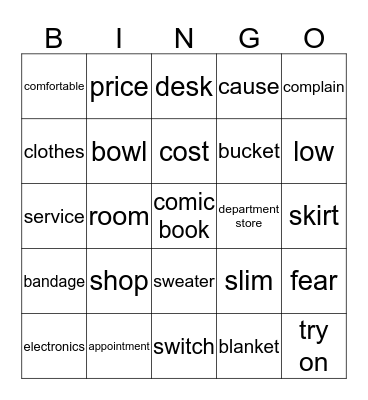Unit 1-Shopping Bingo Card
