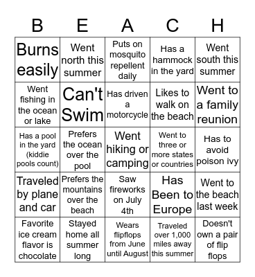 Summer Bingo 2018-19 Bingo Card