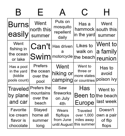 Summer Bingo 2018-19 Bingo Card