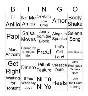 JLO MTV Video Vanguard Bingo Card