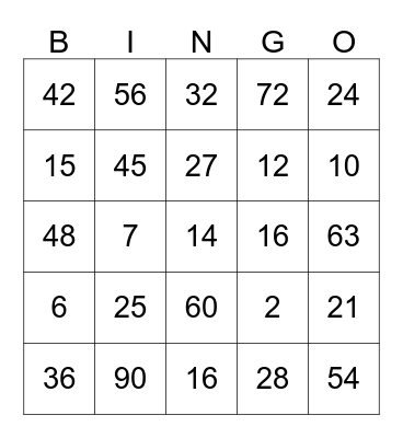 Isabelle's Multiplication Bingo Card
