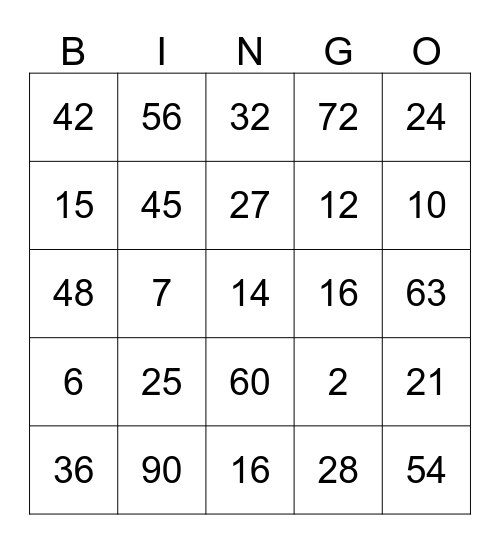 Isabelle's Multiplication Bingo Card