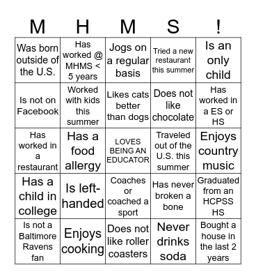 MHMS Bingo Card