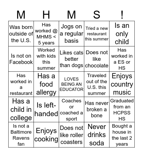 MHMS Bingo Card