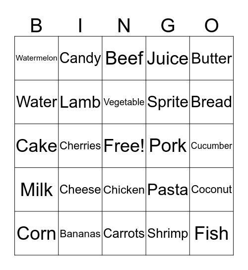 Food Bingo Card