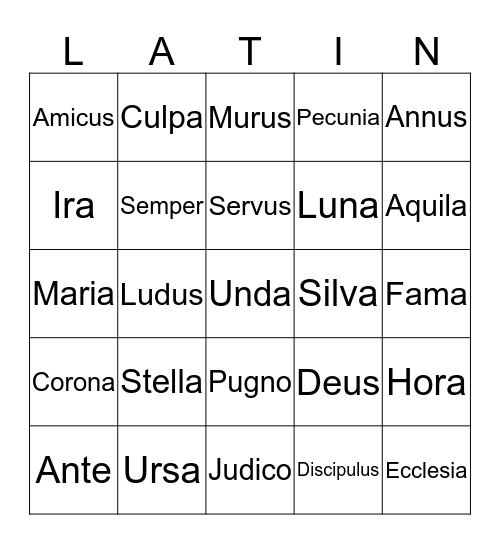 Latin Vocabulary Bingo Card