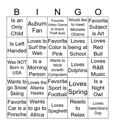 Getting to Know You  Bingo Card