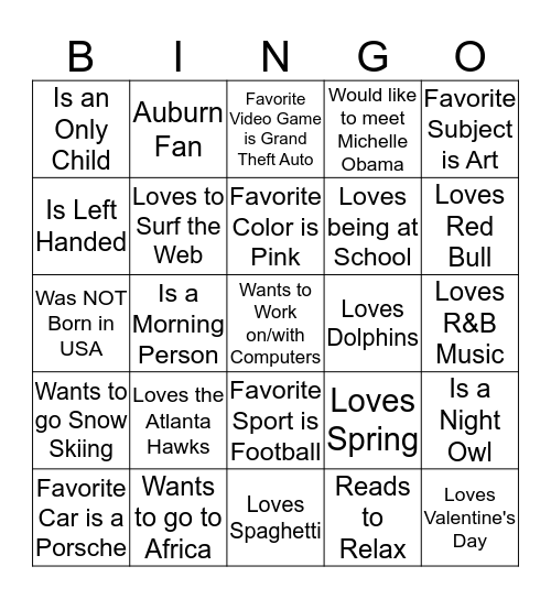 Getting to Know You  Bingo Card