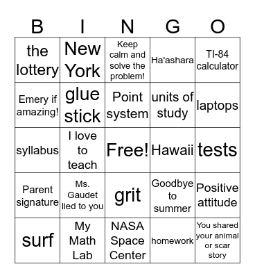 Algebra 2 Bingo Card