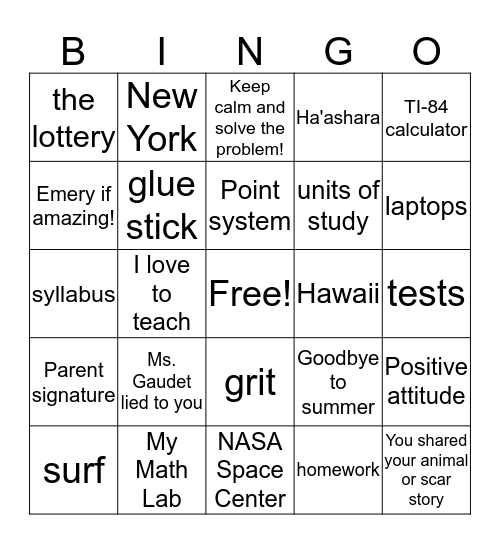 Algebra 2 Bingo Card