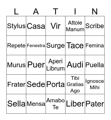 Latin Vocabulary Bingo Card