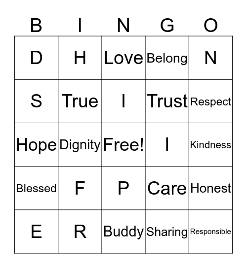 Values BINGO Game Bingo Card