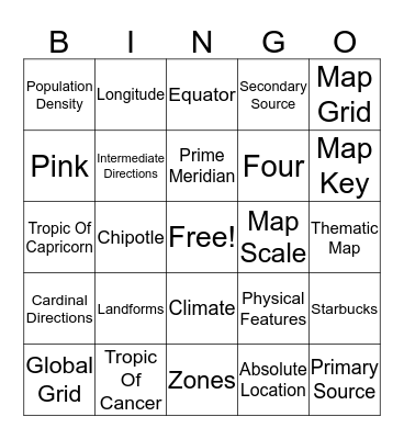 Geo/History Terms Bingo Card