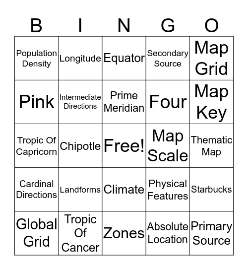 Geo/History Terms Bingo Card