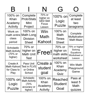 Math Activities Bingo Card