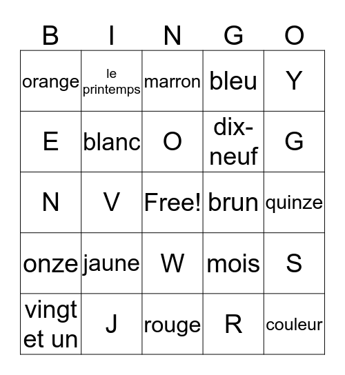 French Bingo Card