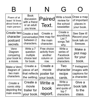 7th Grade Book Bingo Card