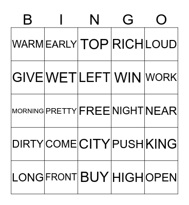 ANTONYMS WORDS Bingo Card