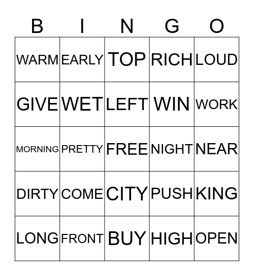 ANTONYMS WORDS Bingo Card