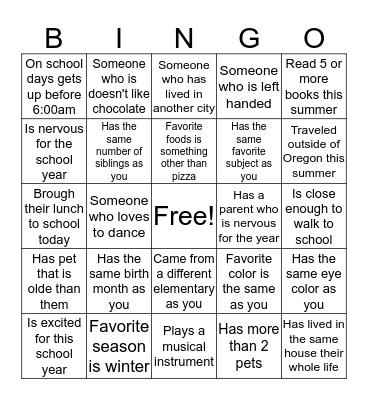 Get to know you Bingo Card