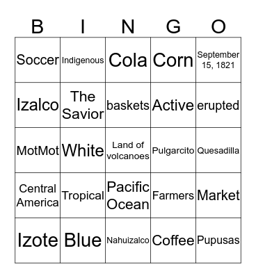 El Salvador Bingo Card