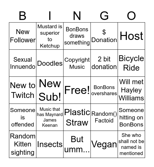 BonBons Bingo card stream-along Bingo Card
