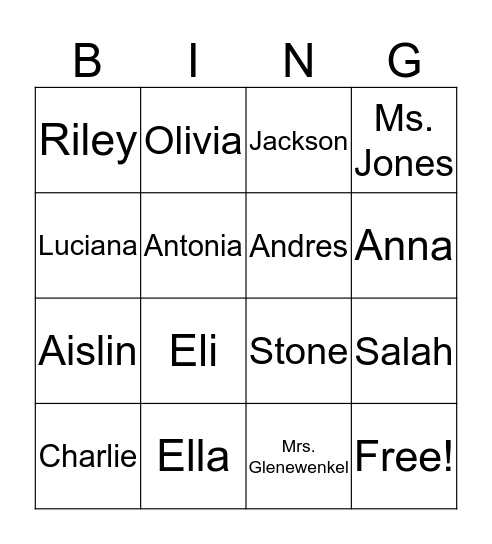 Ms. Jones Class Bingo Card