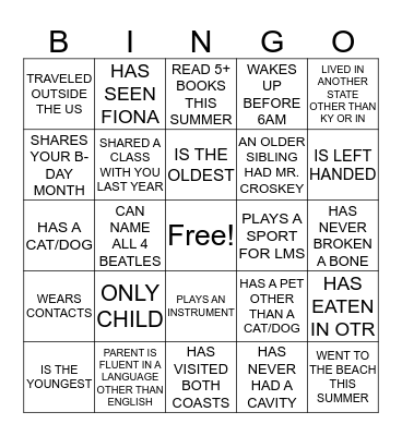 Getting To Know Your Classmates Bingo Card