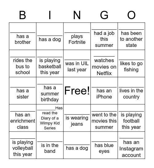 Back to School Bingo Card