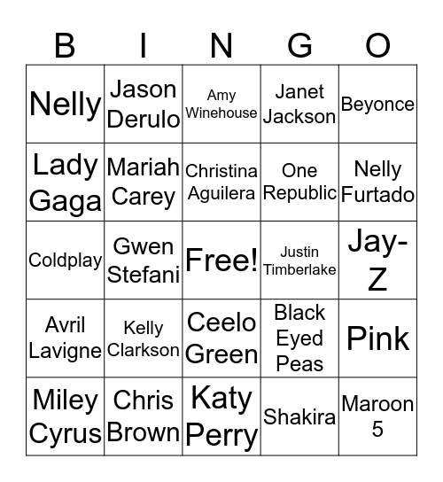 Pop 2000's Bingo Card