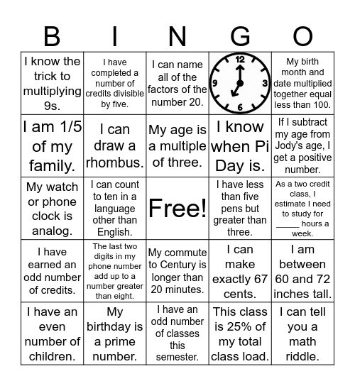 EDUC 1070 Introduction Bingo Card