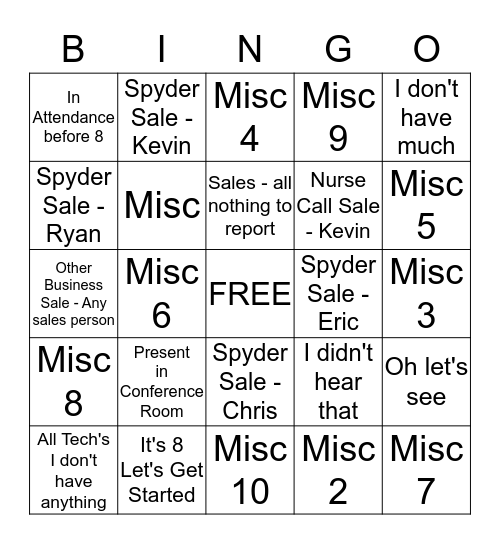 Spyder Bingo Card