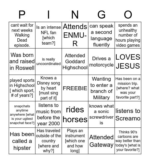 PINGO Bingo Card