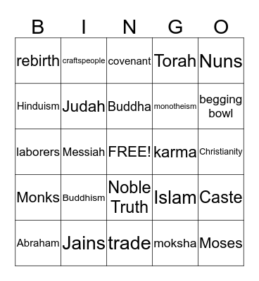 Five Major World Religons  Bingo Card